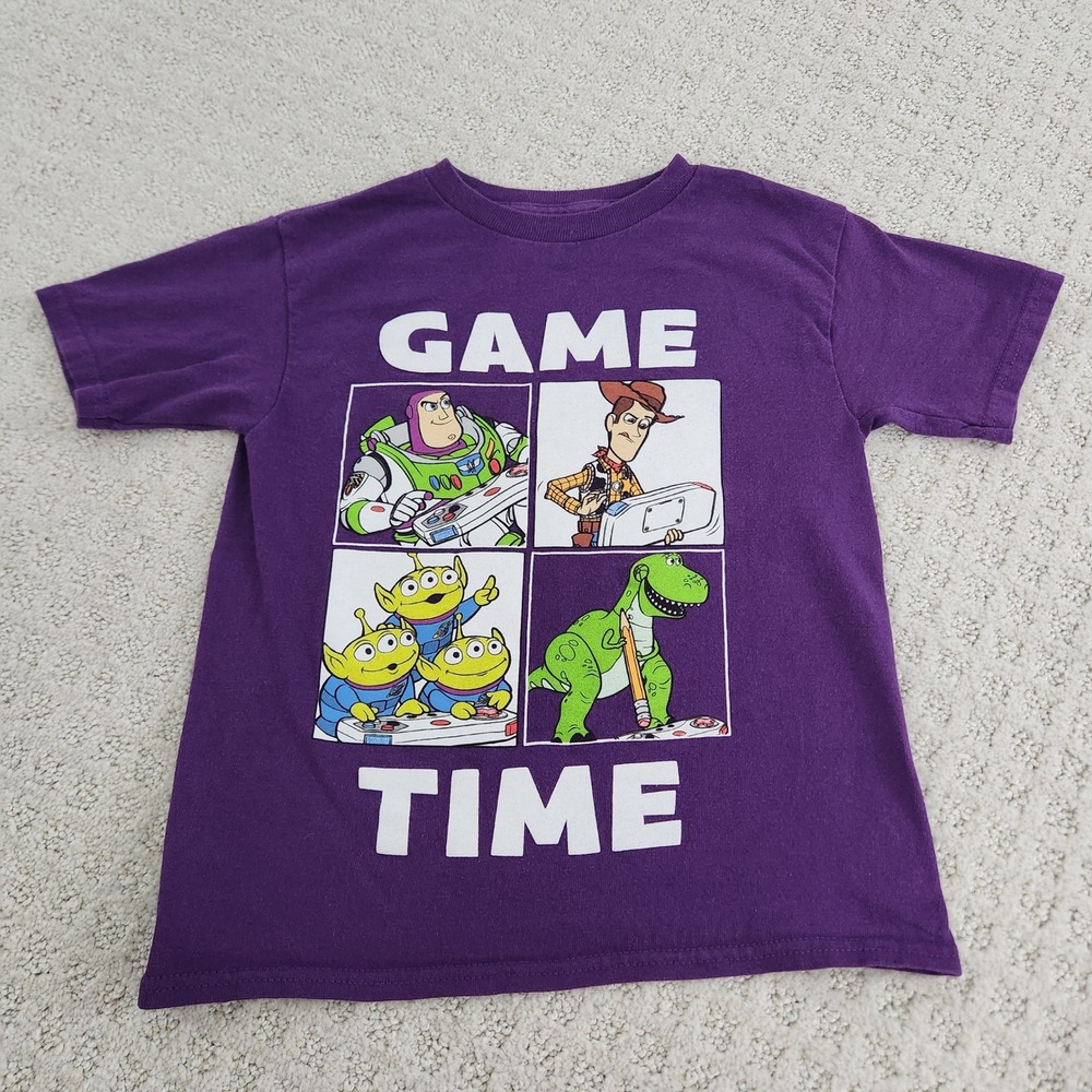 Disney Pixar Toy Story Game Time Purple Tee Shirt Kids Size 5/6 Buzz Woody